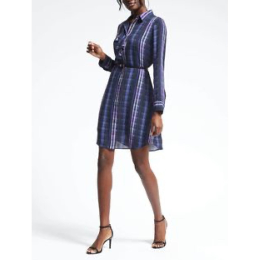 BANANA REPUBLIC Ruffle Sheath Dress Women XS Multi Plaid Long Sleeve NWOT